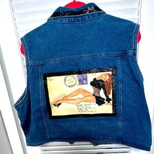 Bling Jean Jacket Vest Vintage Handmade Rhinestone Pinup Girl Design size 18/20